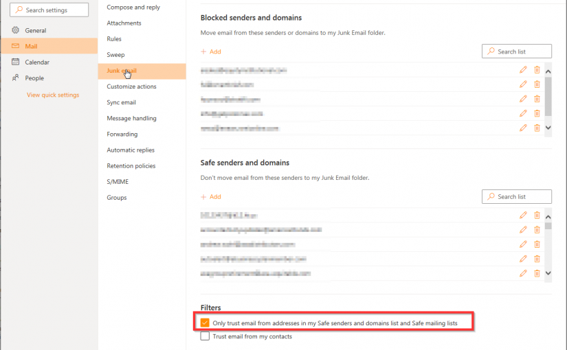 Solved – Cannot uncheck “Only trust email from addresses in my safe senders and domains list and safe mailing lists” Outlook.office.com office365 Junk email